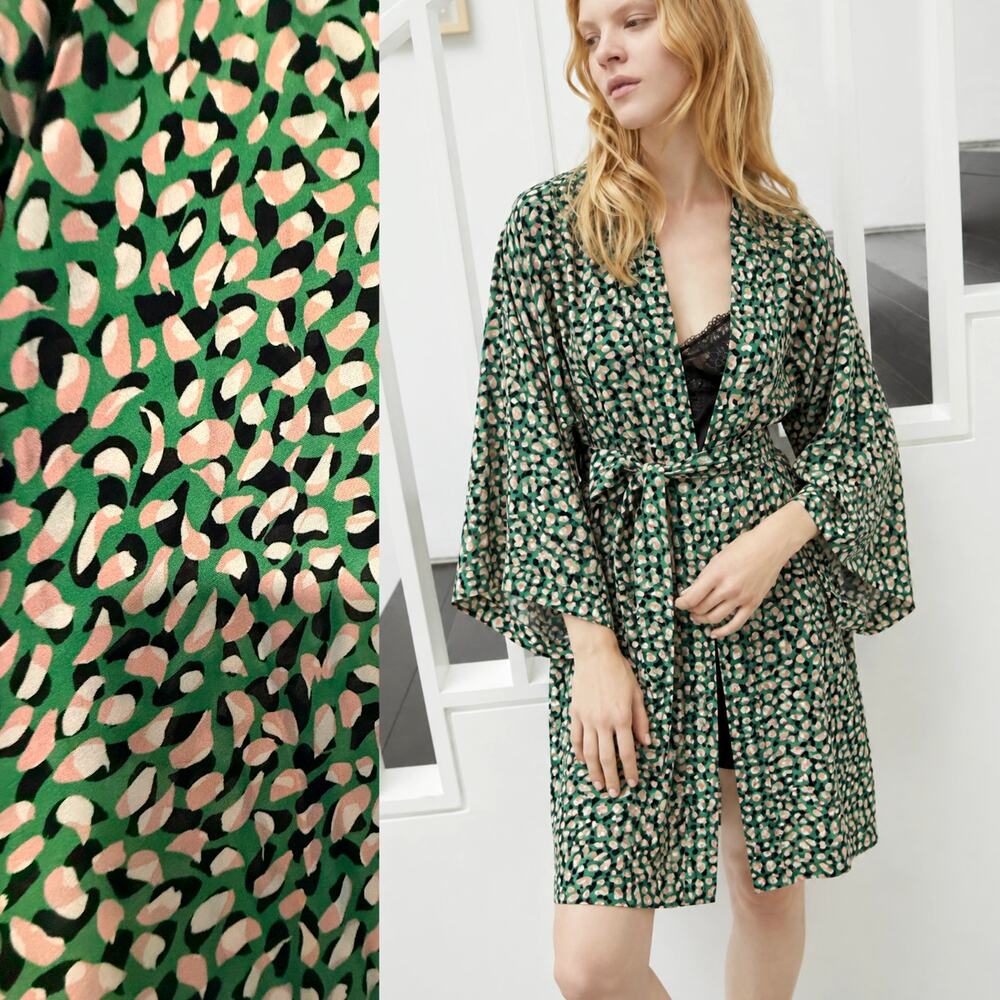 NEW! Anthropologie x Else Lingerie S/M Kimono Robe $270 Abstract Print PJs Green